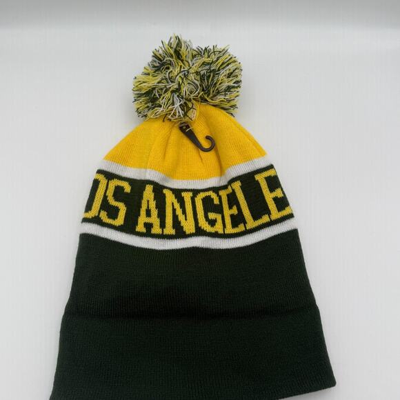 LA Los Angeles Rams Style Pom Beanie Hat Knit Winter Cap Cuffed Green Gold White - Picture 2 of 4